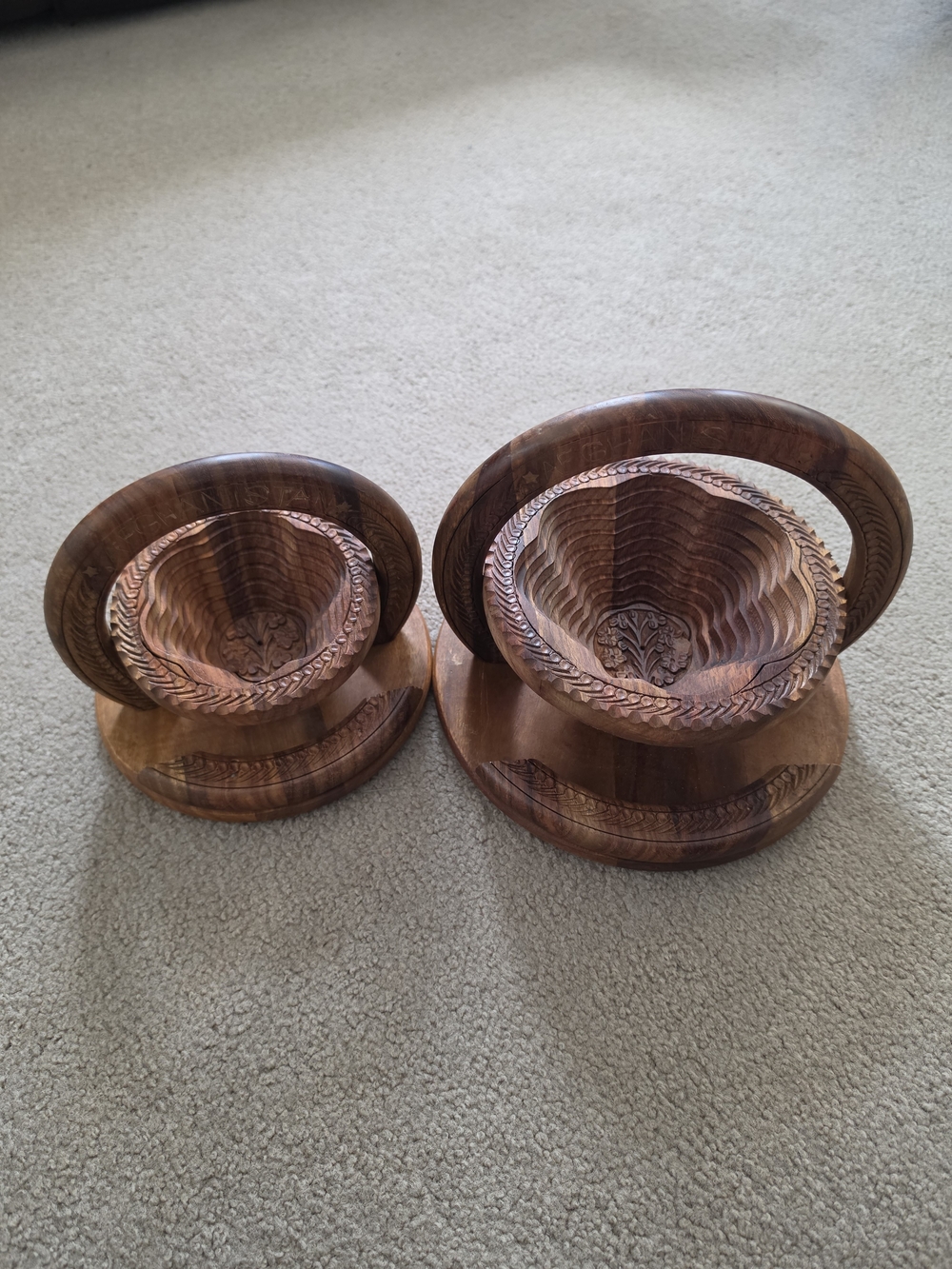 Set Of 2 Vtg Hand-Carved Wooden Collapsible Baskets/ Trivets